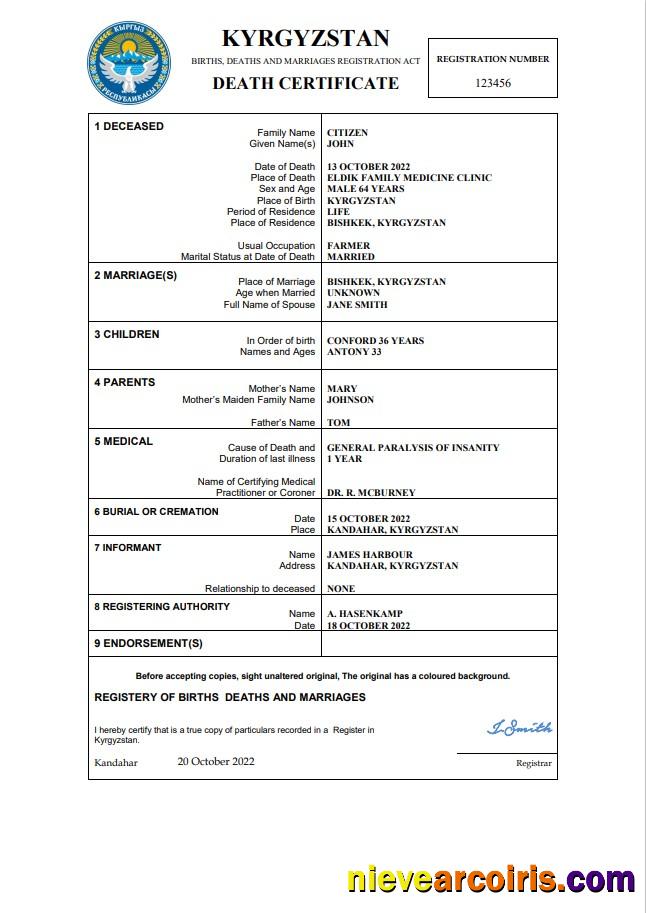 Kyrgyzstan death certificate